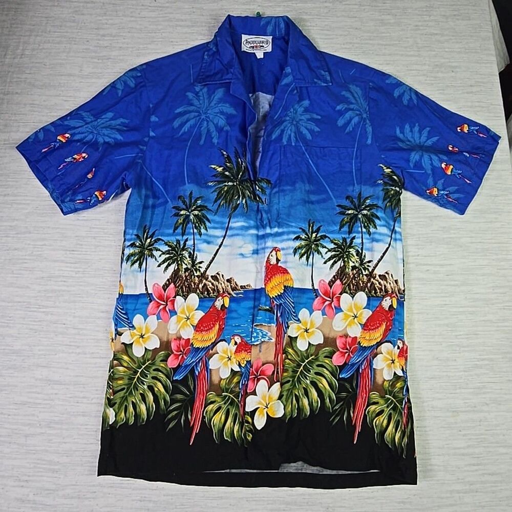 Pacific Legends Mens L S/Sleeve Hawaii Aloha Shirt Parrot Palm Blue Made In USA